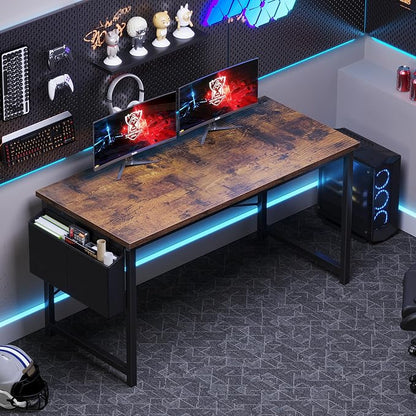 OLIXIS Computer Desk, 55 Inch Gaming Desks for Home Office Small Spaces | Writing Study Craft Work Table, Computer Workstation for Bedroom with Storage Bag, Rustic Brown