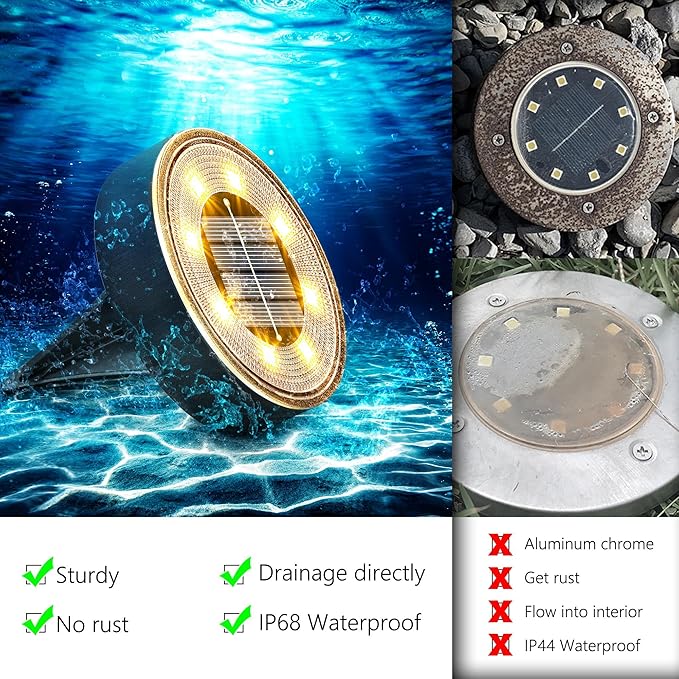 Joomer Solar Ground Lights Outdoor Waterproof, 4 Pack 8 LED, Warm White | Solar Powered Garden Lights Disc Landscape Lighting Outdoor for Patio Pathway Lawn Yard Driveway Walkway outside