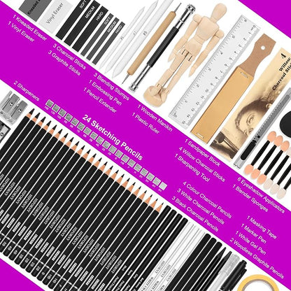 HIFORNY 70 PCS Drawing Set Sketching Kit,Sketch Pencils Art Supplies with Graphite,Charcoal,Blending Tools & Accessories,Portable Zippered Travel Case for Artists & Beginners