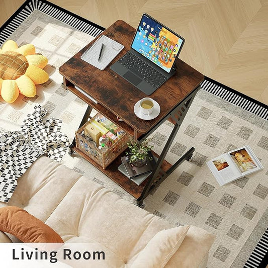 ALISENED Computer Desk for Small Spaces, 23.6" Z-Shaped Compact Study Table with Smooth Keyboard Tray with Wheels and Bottom Shelves for Home Office, Computer Cart Mobile Laptop Cart, Rustic Brown | 23.6" Z-Shaped, with Wheels and Bottom Shelves, for H...