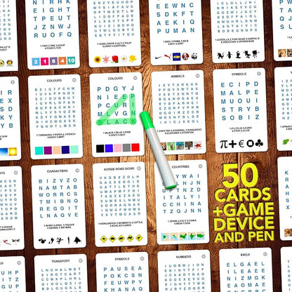 100 PICS Word Search Travel Game - 100 Puzzles with Picture Clues | 50 Wipe Clean Cards with Slide Reveal case and Pen | Activity, Gift, Stocking Stuffer | for Kids and Adults, Age 6+