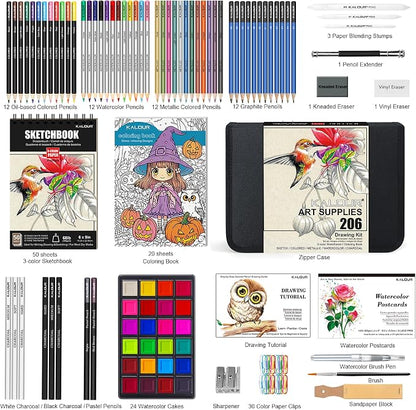 KALOUR 206 Drawing Set Sketching Kit,Art Supplies with 3-color Sketchbook & Coloring Paper,Include Tutorial, Colored, Graphite, Charcoal, Watercolor & Metallic Pencil,for Artists Adults Teens Beginner
