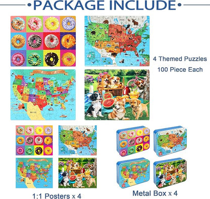 LELEMON Puzzles for Kids Ages 4-6,4-Pack 100 Piece Puzzles for Kids Ages 4-8 in a Metal Box,Donut National Parks Map USA Map Dogs Educational Jigsaw Puzzles Puzzle Games Puzzle Toys for Girls and Boys