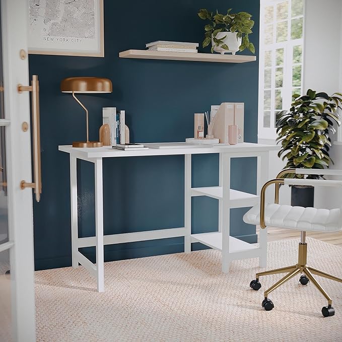 Martha Stewart Beckett Modern Trestle Desk with Open Side Shelving in White Wood Grain Finish