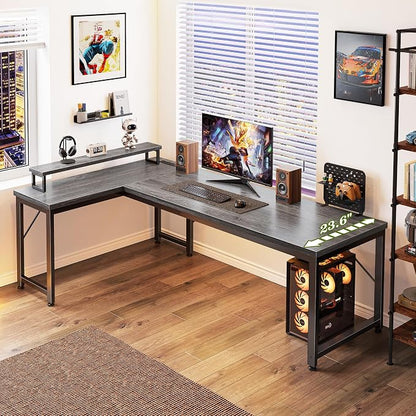 PRAISUN 61" L Shaped Computer Desk, Power Outlets, Monitor Stand, Grey | USB-C Ports, Reversible Charging Station, Spacious Desktop & Legroom, 0.94 Inch Thick Desktop, for Gaming, Study & Work