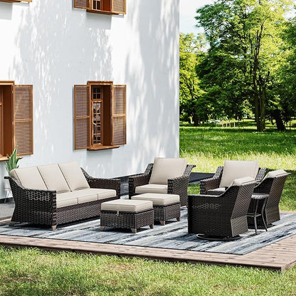 Joyside Wicker Patio Furniture Sets, 8 Pieces Upgraded Large Size Outdoor Furniture with Swivel Rocking Patio Chairs, Patio Dining Chair, 3-Seat Sofa, Outdoor Ottoman, Thick Cushions, Wide Armrest