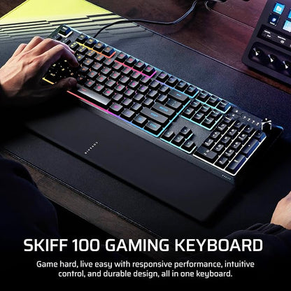 Corsair Skiff 100 Quiet RGB Wired Membrane Gaming Keyboard – QWERTY US, IP53 Spill & Dust Resistant, Responsive Keys, Media Dial – Black