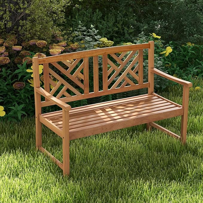 Giantex Outdoor Wooden Garden Bench - 2-Person Acacia Wood Loveseat with Armrests, Backrest, 800lbs Capacity, Patio Park Bench for Backyard, Front Porch Bench (Non-Foldable)