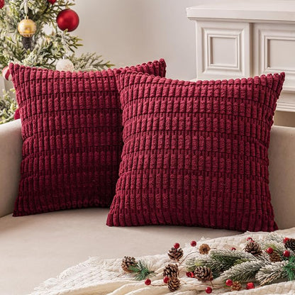 MIULEE Pack of 2 Burgundy Corduroy Decorative Pillow Covers 18x18 Inch Soft Boho Striped Throw Pillow Covers Modern Farmhouse Home Decor for Sofa Living Room Couch Bed