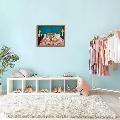 Framed Tiger Pizza Wall Art, Dopamine Wall Decor Canvas Print, Vintage Fun Tiger Eating Pizza in Bed Poster, Abstract Animal Picture Painting Art for Bedroom Living Room Home Decor 16x24 inch