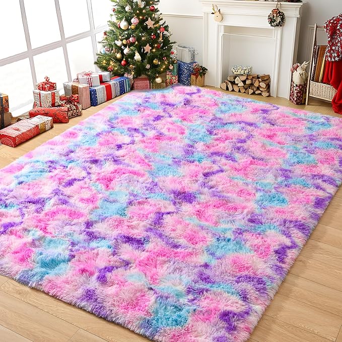 Tepook Pink Blue Purple Area Rug for Girls Room, Fluffy 6x9 Cute Soft Colorful Kids Rugs for Bedroom Dorm Classroom Nursery Playroom, Fuzzy Shaggy Rainbow Princess Carpet for Toddler Home Decor