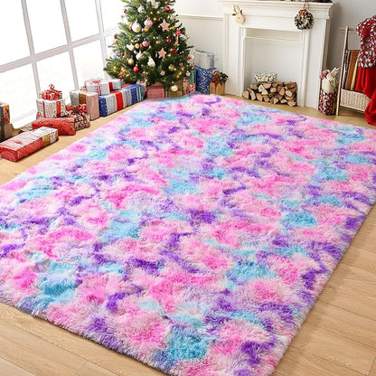 Tepook Pink Blue Purple Area Rug for Girls Room, Fluffy 6x9 Cute Soft Colorful Kids Rugs for Bedroom Dorm Classroom Nursery Playroom, Fuzzy Shaggy Rainbow Princess Carpet for Toddler Home Decor