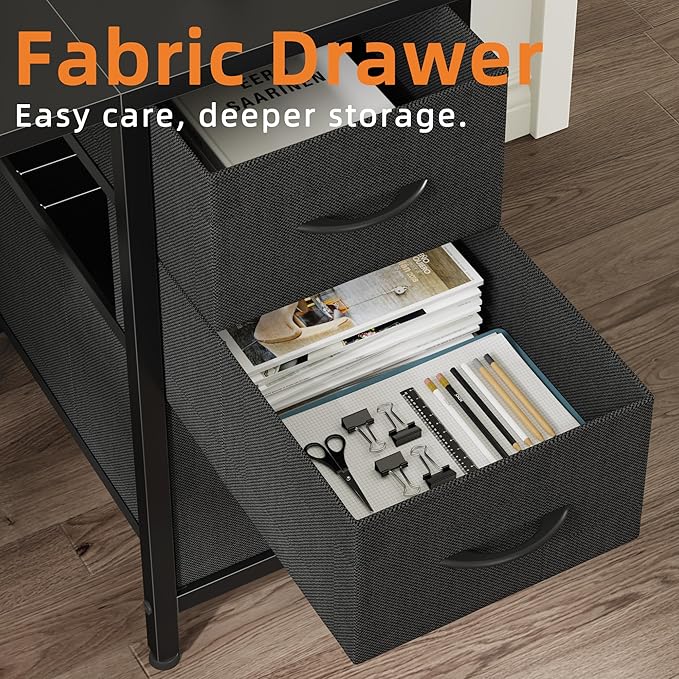 63'' Office Desk with 6 Fabric File Drawers - File Drawer Organization, Computer Work Desk, Study Writing Table, Home Office Workstation, Black