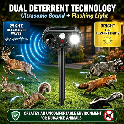 2026 new Solar Animal Repellent Ultrasonic Outdoor with Light Deer Repellent Devices Ultrasonic Cat Repellent Outdoor Fox Raccoon Rabbit Squirrel Coyote Deterrent Waterproof for Yard & Garden Black