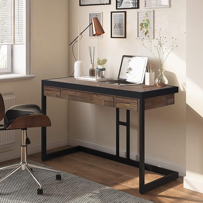 SIMPLIHOME Erina SOLID WOOD and Metal Modern Industrial 48 inch Wide Home Office Desk, Writing Table, Workstation, Study Table Furniture in Rustic Natural Aged Brown with 2 Drawers