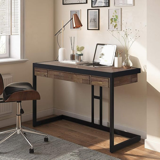 SIMPLIHOME Erina SOLID WOOD and Metal Modern Industrial 48 inch Wide Home Office Desk, Writing Table, Workstation, Study Table Furniture in Rustic Natural Aged Brown with 2 Drawers