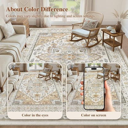 UERMEI 6x9 Area Rug for Living Room - Washable Vintage Carpet, Non-Slip Soft Large Indoor Floor Rugs for Bedroom Home Office & Under Dining Table Decor, Brown Beige
