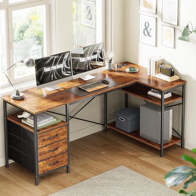 Huuger L Shaped Office Desk with Power Outlets, 55 Inch Computer Desk with 3 Drawers, Shelves, Reverisble for Gaming Corner Work Home Office Study, Rustic Brown