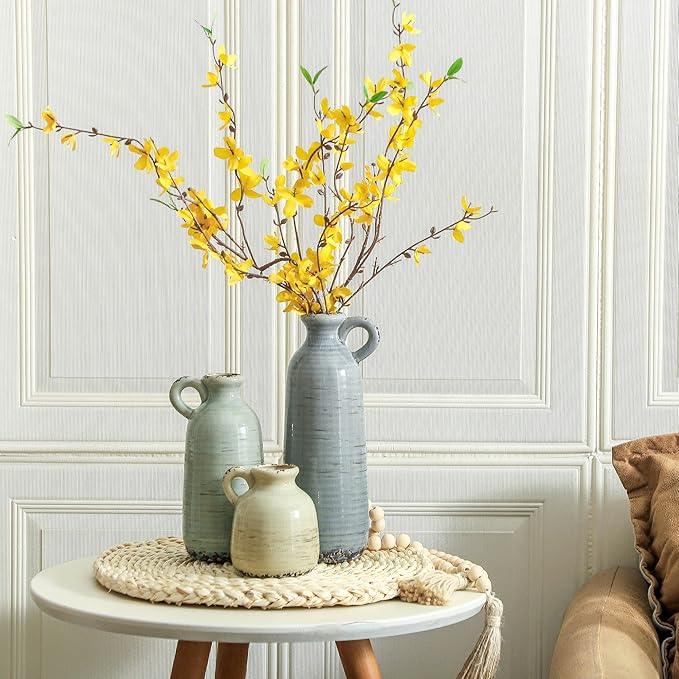 Ceramic Vase Set of 3 | Neutral Vase Home Decor with Handle | Pottery Modern Farmhouse Vases Pampas Grass Flower Vases for Home Decor Table Living Room Centerpieces Mantel Decor - Multicolor