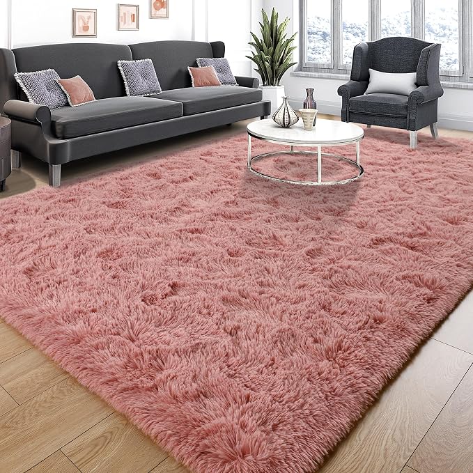 Tepook Blush Pink Area Rugs for Living Room Girls Bedroom, 4x6 Fluffy Shaggy Dusty Pink Rug for Kids Room Playroom, Plush Shag Non-Slip Carpet for Nursery Dorm Classroom, Cute Rose Beige Rug