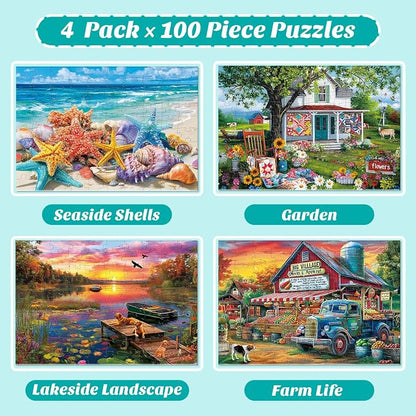 4-Pack 100 Piece Puzzles for Kids Ages 6-8 8-10 - Large Piece Puzzles for Dementia Seniors - Farm Countryside Jigsaw Puzzles for Adults & Kids Ages 4-6, Learning Educational Toys Gifts for Boys Girls