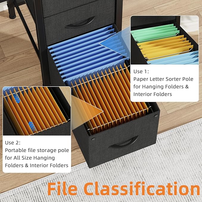 63'' Office Desk with 6 Fabric File Drawers - File Drawer Organization, Computer Work Desk, Study Writing Table, Home Office Workstation, Black