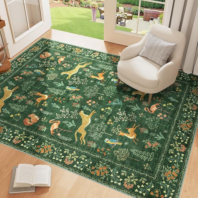 DUKINO 3x5 Rug, Washable Animal Area Rug with Non Slip Vintage Design, Indoor Soft Low Pile Carpet for Bedroom, Nursery, Dining Room, Farmhouse, Playroom, Green
