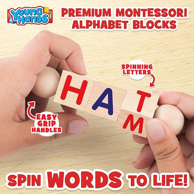 Creative Kids Wooden Reading Blocks - Set of 5 Spinning Alphabet Blocks w/Easy-Grip Handles - Kindergarten Preschool Learning Activities Letter Work - Wooden Montessori Toys Gifts for Kids Toddlers
