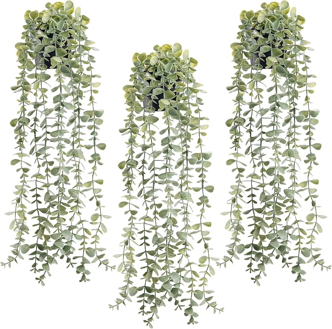 Der Rose 3Pcs Fake Plants Hanging Artificial Decor Faux Potted Eucalyptus Plants for Boho Bathroom Home Office Desk Wall Shelf Bookcase Accessories Decor Indoor
