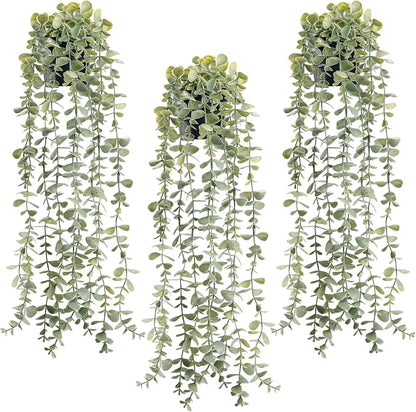 Der Rose 3Pcs Fake Plants Hanging Artificial Decor Faux Potted Eucalyptus Plants for Boho Bathroom Home Office Desk Wall Shelf Bookcase Accessories Decor Indoor