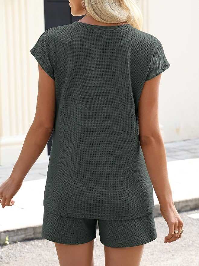ANRABESS Womens Waffle Knit 2 Piece Short Sets Cap Sleeve Summer 2026 Matching Lounge Outfits Travel Beach Vacation Sweatsuit