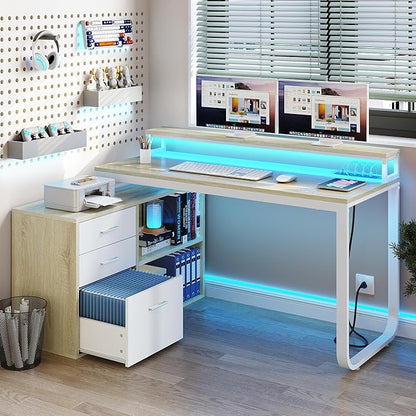 YITAHOME L Shaped Desk with Power Outlets & LED Lights & File Cabinet, 55" Corner Computer Desk with 3 Drawers & 2 Storage Shelves, Home Office Desk with Monitor Stand, Oak & White