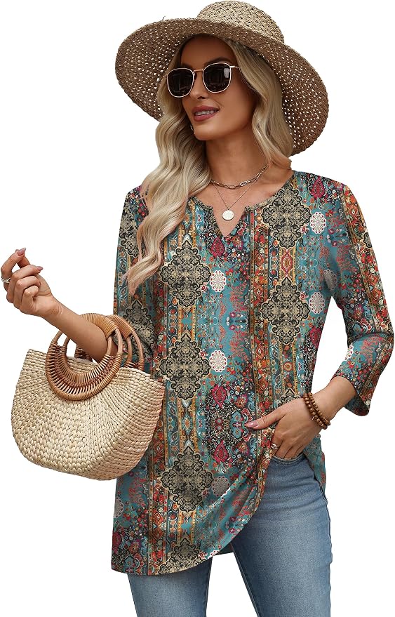 OFEEFAN Summer Boho Tops For Women 3/4 Length Sleeve Womens Tops Vacation Outfits
