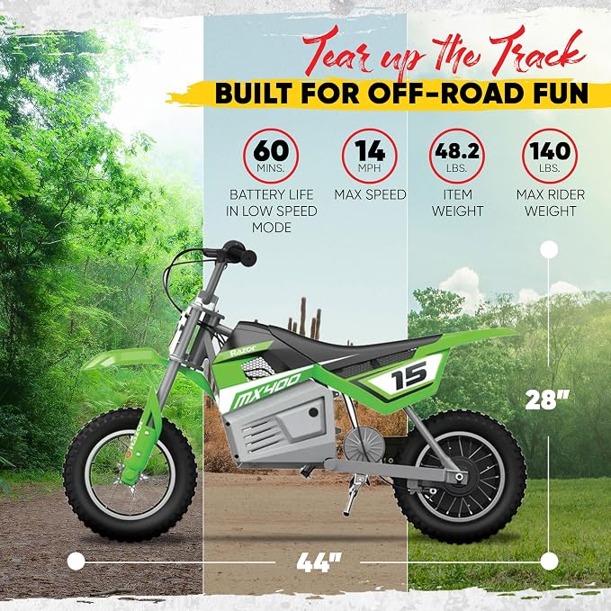 Razor MX400 Dirt Rocket Electric Bike for Kids Ages 8+, 140 Pounds Max Weight, Green – 24-Volt Battery, up to 14 Mph, 30-Minute High Speed Ride Time, Twist-Grip Throttle, 12-Inch Pneumatic Tires
