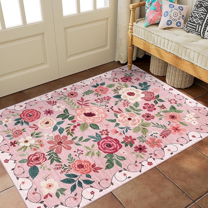 DUKINO 3x5 Area Rug, Floral Rugs for Living Room, Lightweight Non Slip Washable Rug, Indoor Low Pile & Non-Shedding Boho Design Rugs for Bedroom, Living Room, Dining Room, Pink