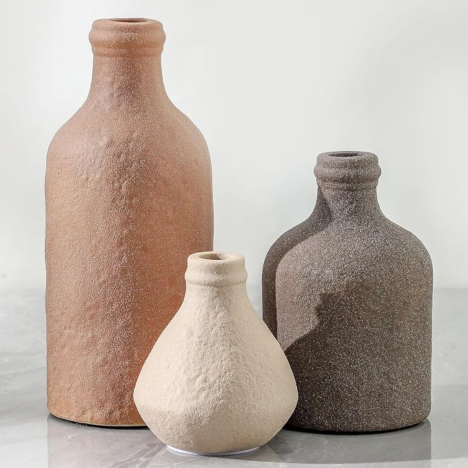 Ceramic Vase Set of 3, Vases Home Decor, Decorative Vases for Table, Boho Flower Vase Modern Neutral Vases for Room Decor, Table, Mantel,Entryway Living Room Kitchen Bedroom Bathroom - Brown