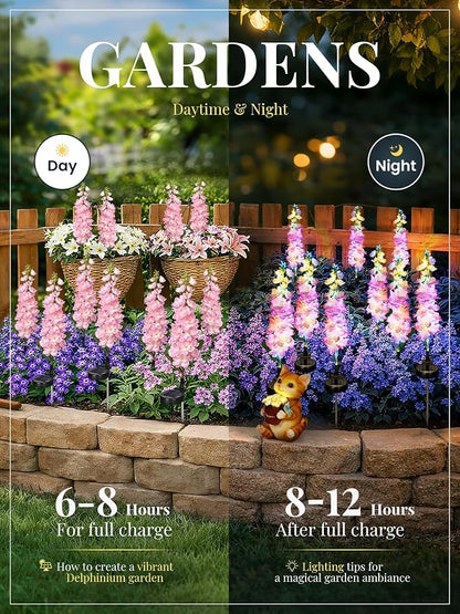 GIGALUMI Solar Lights Outdoor for Garden Decor, 3 Pack Solar Flower Lights Waterproof, 2 Lighting Modes Delphinium for Pathway,Yard, Patio, 4th of July Decoration, Gifts for Women (Pink)