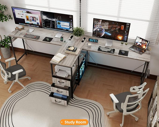 YOSHOOT 2 Person Computer Desk, 87" Long Gaming Desk for 2 People | Double Desk with 3 Fabric Drawers and 2 Power Outlets, Home Office Table for Adults and Teenagers, Grey