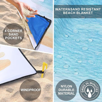 WIWIGO Beach Blanket Waterproof Sandproof Beach Mat 79" X 83"/10'x9'for 2-8 Adults Quick Drying Outdoor Picnic Mat Beach Accessories for Travel, Camping, Hiking