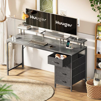 Huuger 55 Inch Computer Desk with Power Outlets and LED Lights, Gaming Desk with 4 Drawers, Office Desk with Monitor Stand, Study Work, Home Office, Gray