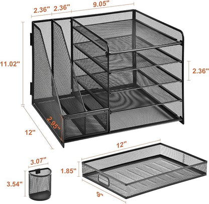 Marbrasse Desk Organizer with File Holder, 5-Tier Paper Letter Tray Organizer with Drawer and 2 Pen Holder, Mesh Desktop Organizer and Storage with Magazine Holder for Office Supplies(Black)