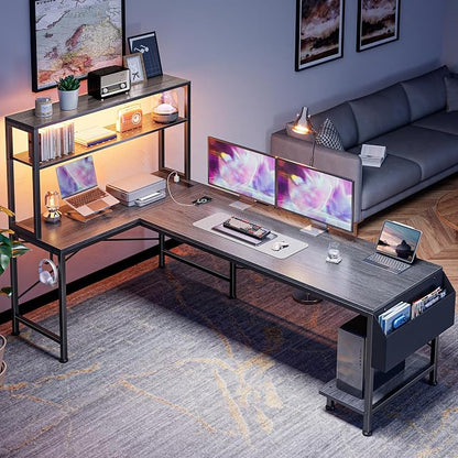PRAISUN L Shaped Gaming Desk with LED Lights & Power Outlets, Reversible Computer Desk with Storage Shelves & Bag, Large Corner Home Office Desk with Pegboard for Work from Home, Grey
