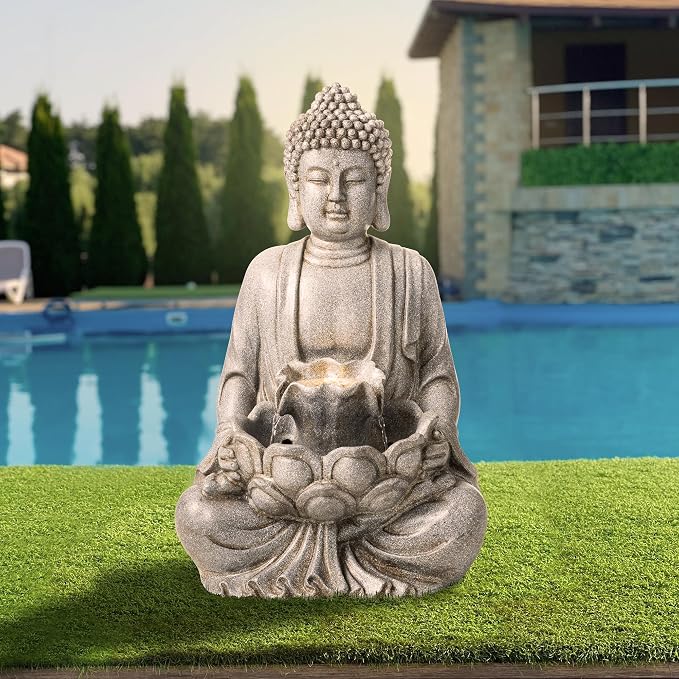 Glitzhome 23.25" Zen Buddha Fountain, Outdoor Water Fountain with LED Light, Polyresin Stone Powder Concrete Finish Meditating Buddha Statue for Garden Patio Yard Deck, 4 Warm LED Lights