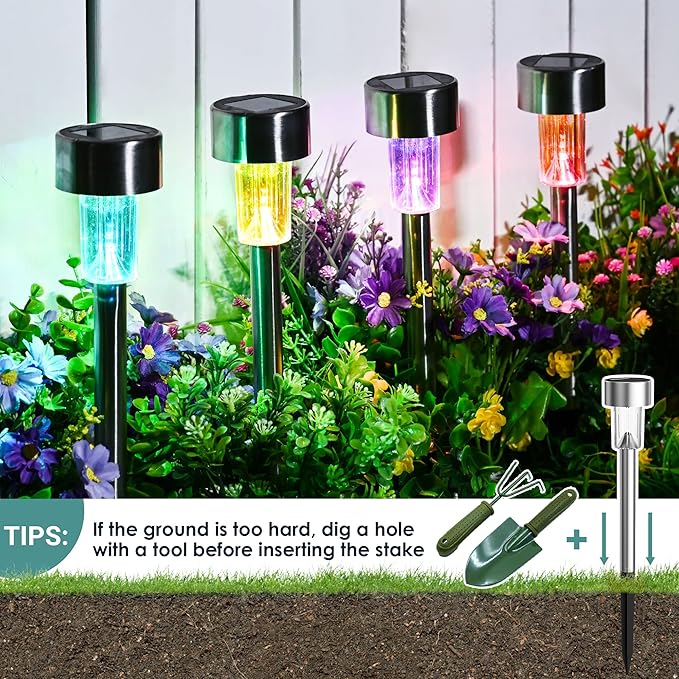 GIGALUMI Solar Lights Outdoor Waterproof, 12 Pack, Stainless Steel LED Solar Garden Lights for Patio, Lawn, Yard and Landscape, Garden Decor Patio Decor,Multicolor