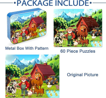 LELEMON Puzzles for Kids Ages 4-6, Farm 60 Piece Puzzles for Kids Ages 3-5 in a Metal Box, Educational Jigsaw Puzzles Childrens Puzzle Games Puzzle Toys for Girls and Boys
