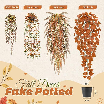 Der Rose 4Pcs Fake Fall Plants Hanging Orange Artificial Eucalyptus Plants, Boston Fern, Fake Potho, String of Pearls for Halloween Bathroom Table Centerpiece Wall Mantle Decor Indoor and Outdoor