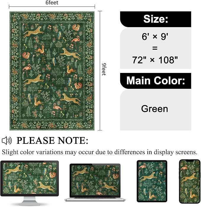 DUKINO 6x9 Rug, Washable Animal Living Room Rug with Non Slip Vintage Design, Soft Low Pile Large Carpet for Bedroom, Nursery, Dining Room, Farmhouse, Playroom, Green