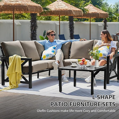 NATURAL EXPRESSIONS 6 Pieces Patio Furniture Sets,Outdoor Furniture Sets Metal Patio L Shape Sectional Couch Sofa Conversation Sets with 6.5" Shale Cushions,HighBack Hand-Brush Black Frame