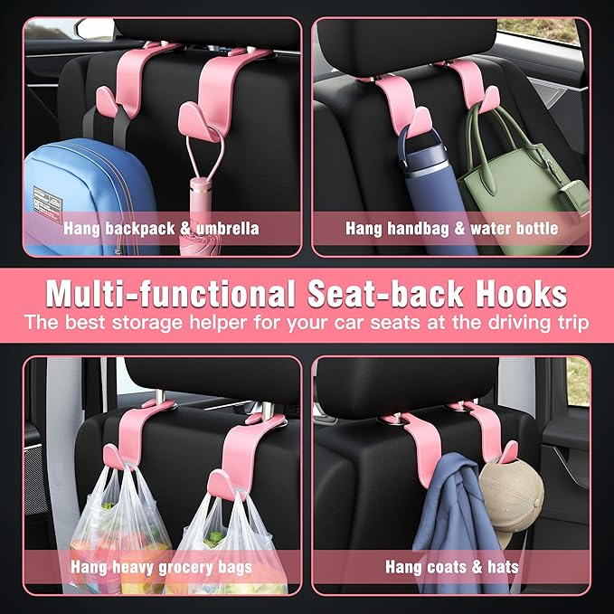 Amooca 4-Pack Car Headrest Hooks –Holds 55lbs Vehicle Storage Organizer Hanger for Purses Handbags Groceries Backpack Coats 360° Rotating Pink
