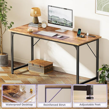 PRAISUN 55 X 20 Inch Computer Desk, Power Outlets, USB-C, Rustic Brown | Office Desk with 4 AC Outlets, USB & USB-C, Sturdy Metal Frame, Spacious Desktop for Work, Writing, Study & Gaming
